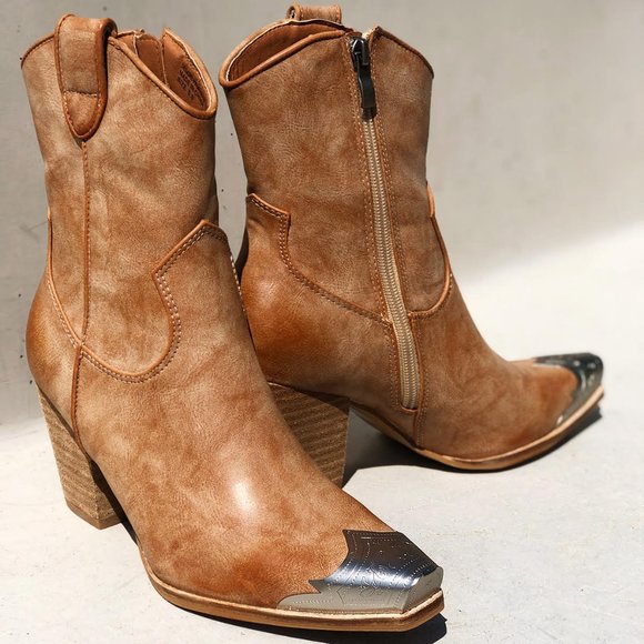 BEAST FASHION Shoes - NEW Distressed Nude PU Leather Metal Toe Block Heel Cowgirl Western Ankl…